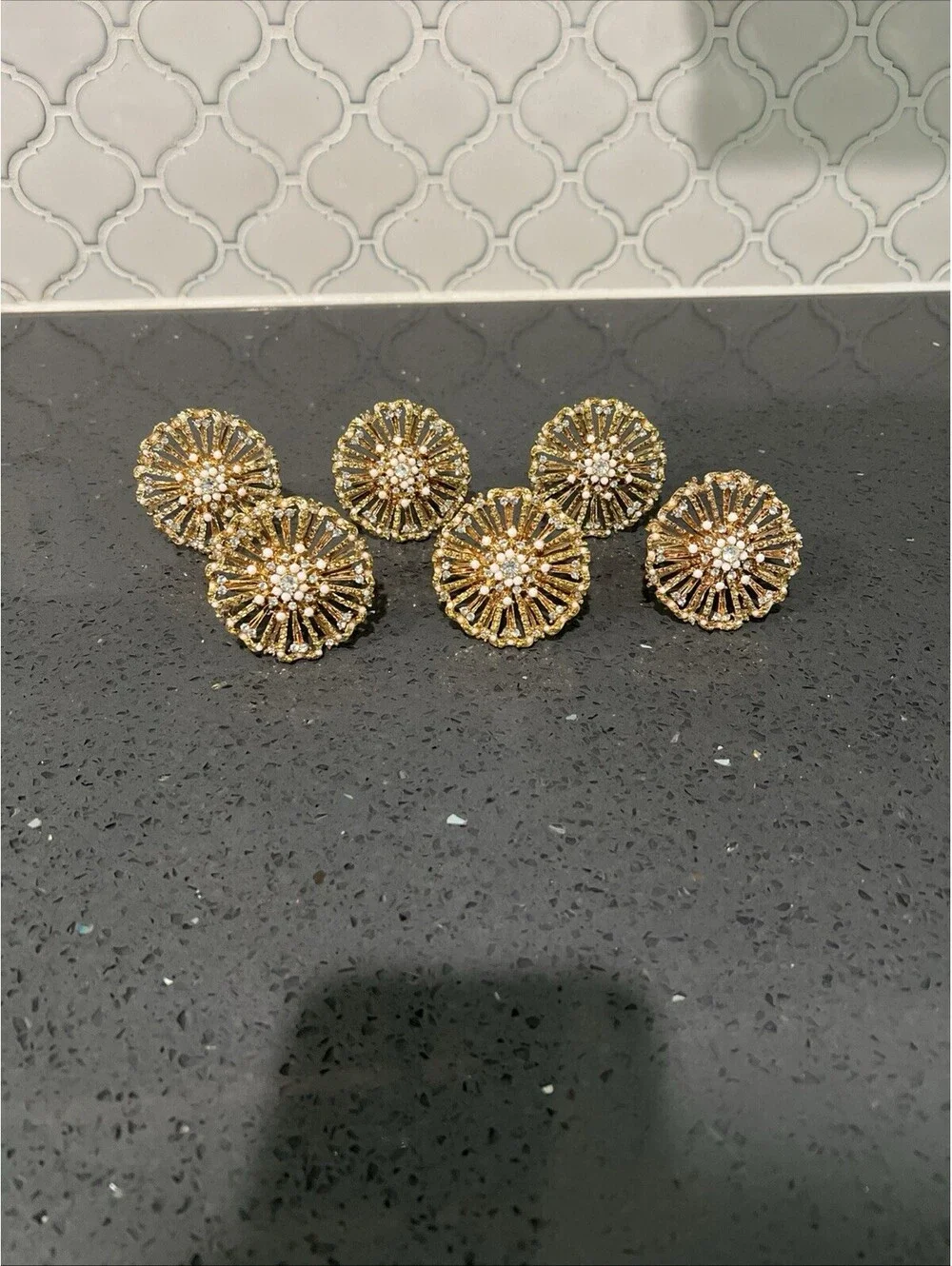Set 6 Rhinestone Napkin Ring Floral Gold Bridal Shower Hollywood Regency Elegant